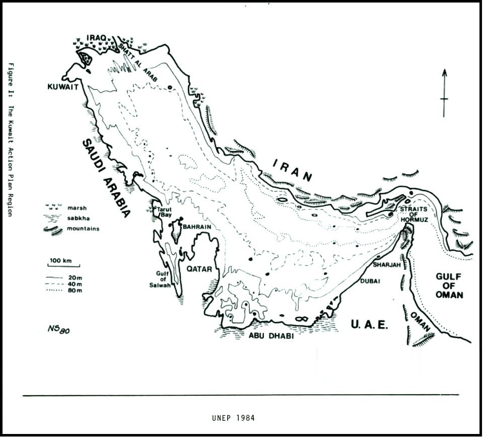 Map of the ROPME Sea Area showing the marine region of the Gulf region and the surrounding Member states