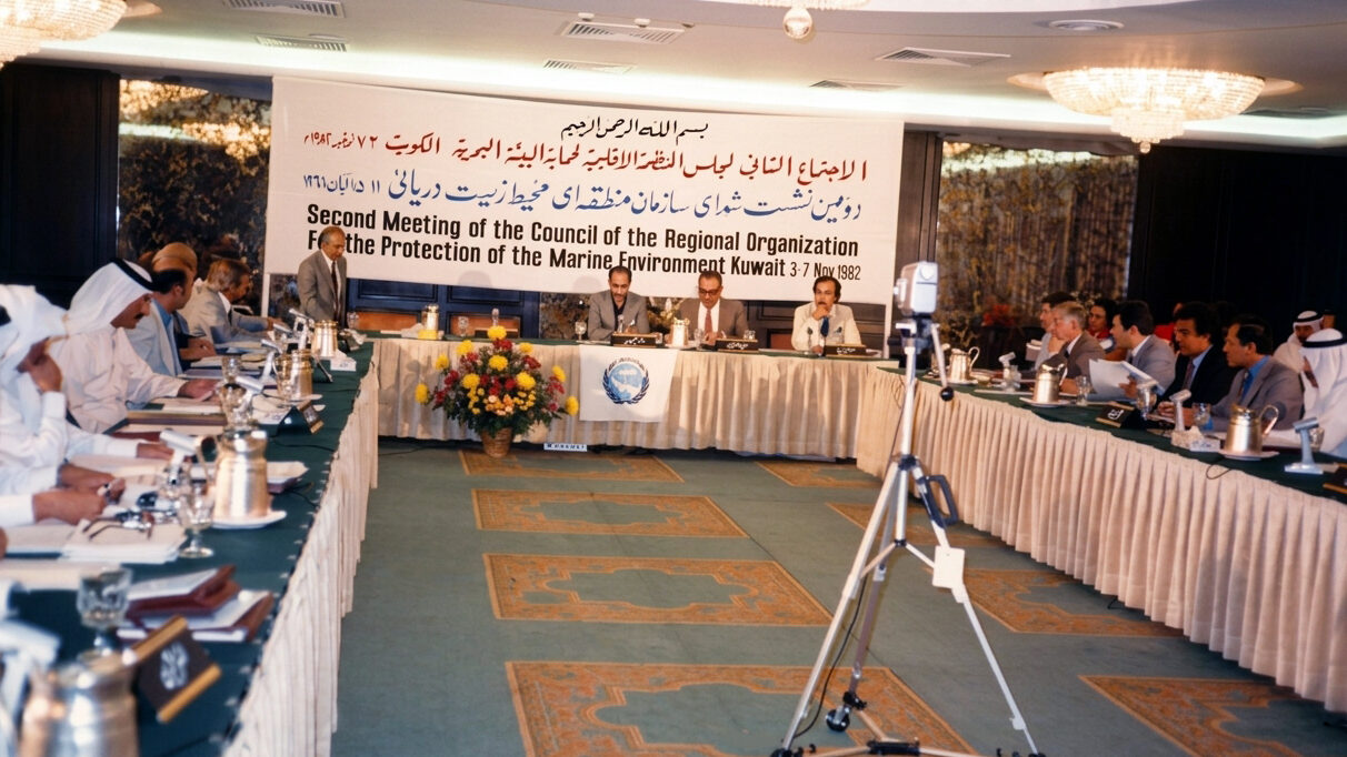 Delegates seated around a U‑shaped conference table at the Second Council Meeting of the Regional Organization for the Protection of the Marine Environment (ROPME), hosted in Kuwait on 6–7 November 1982, focused on strengthening institutional frameworks and implementing the Kuwait Regional Convention for marine pollution protection
